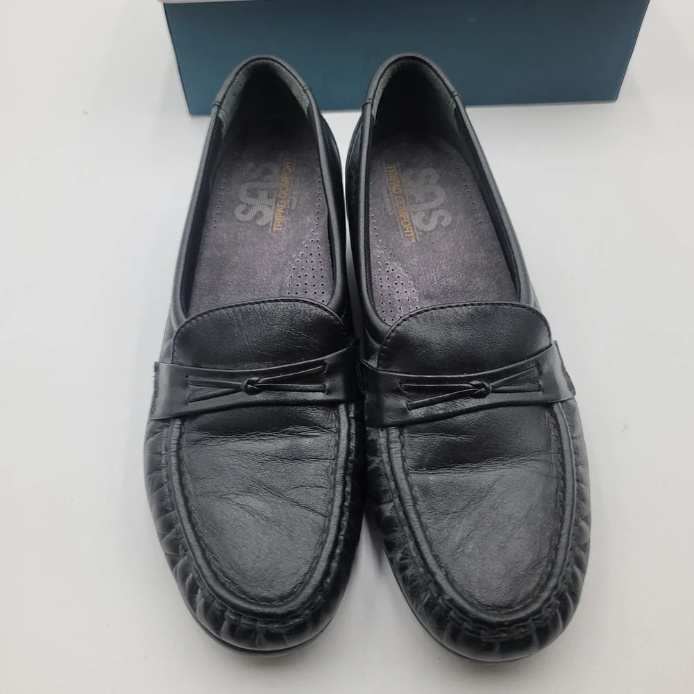 SAS Tripad Comfort Black Leather Loafers Womens 8.5 M Low Wedge Moc Toe USA Made